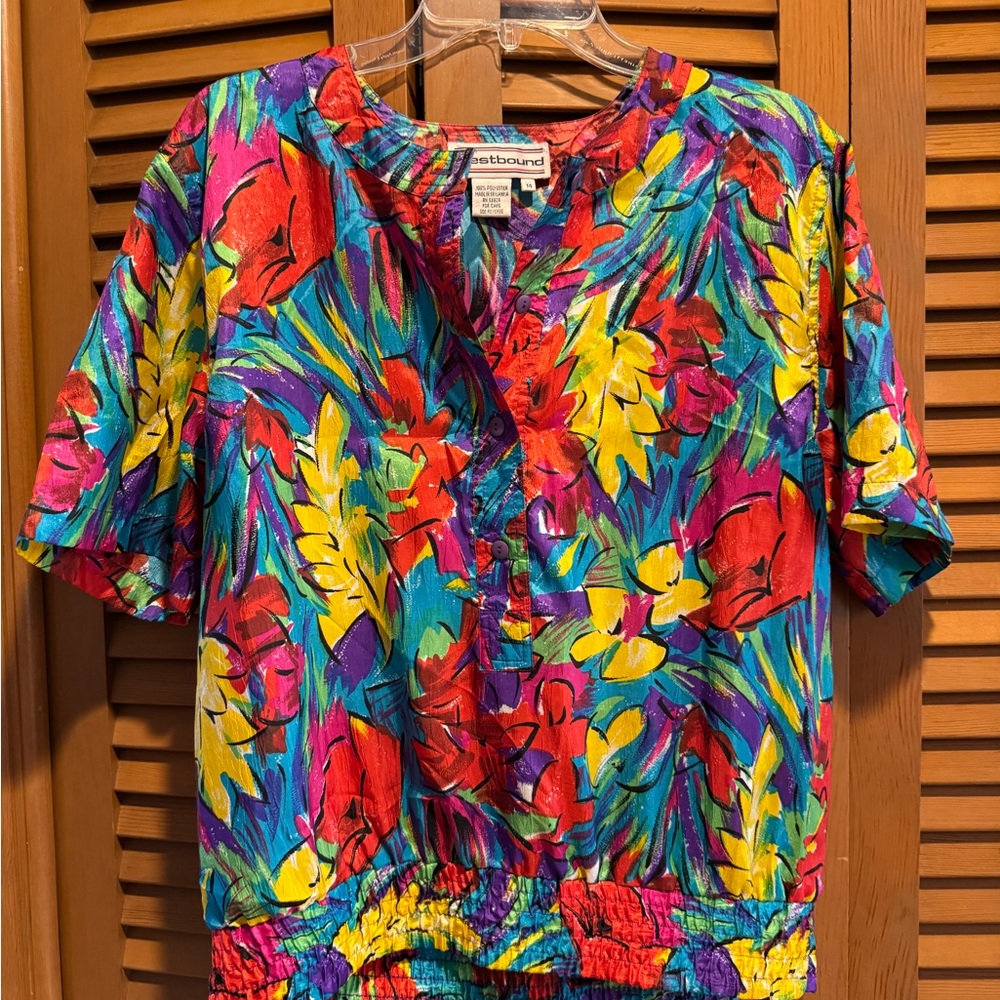 Retro Colorful Tropical Print Blouse, like new, size 14